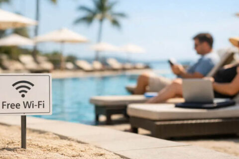 A couple enjoying summer vacation and free internet service