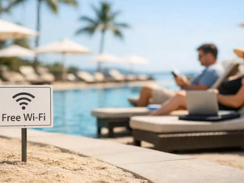 A couple enjoying summer vacation and free internet service