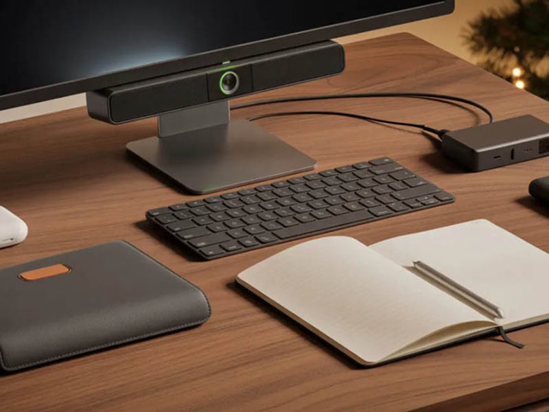 A desk featuring a computer, keyboard, mouse, and an open notebook