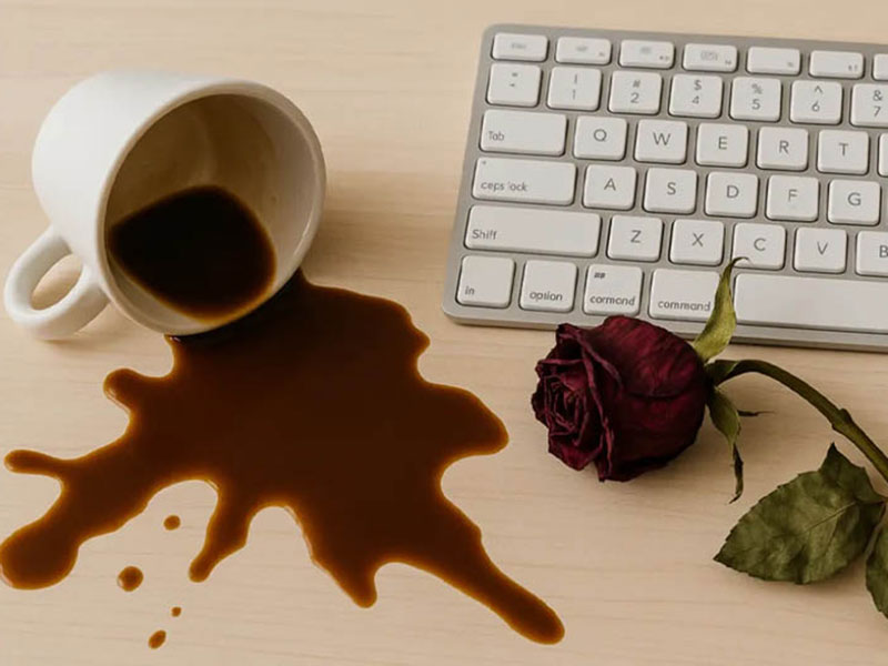 A spilled cup of coffee next to a computer keyboard