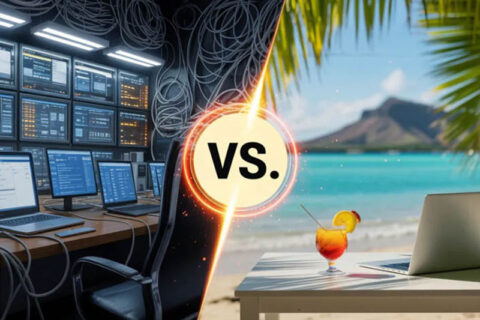 A room with computer monitors and cables on the left is contrasted with a beach scene with a laptop and a drink on the right