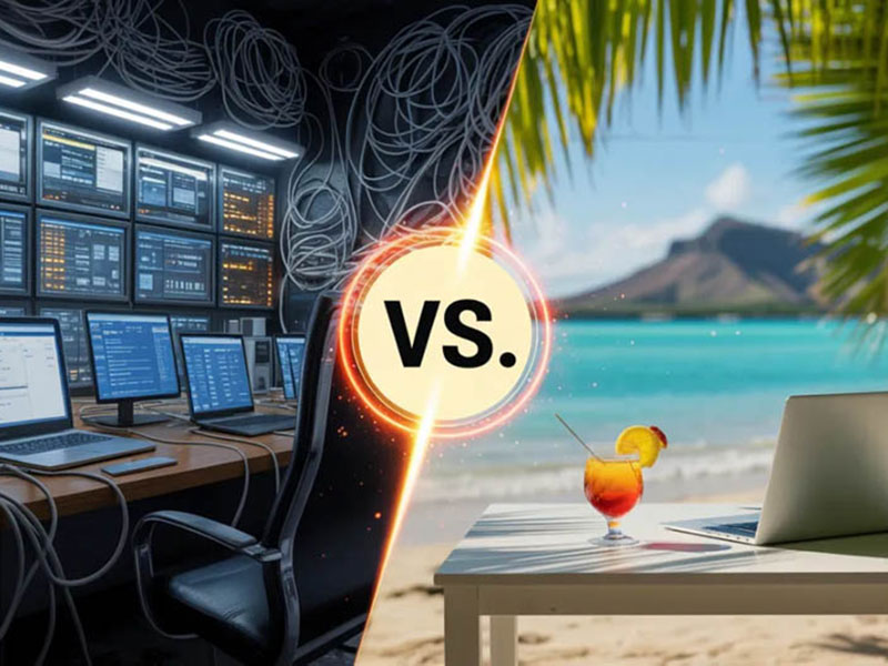 A room with computer monitors and cables on the left is contrasted with a beach scene with a laptop and a drink on the right