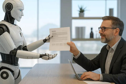A suited man hands a document to a robot