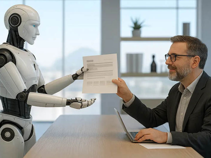 A suited man hands a document to a robot
