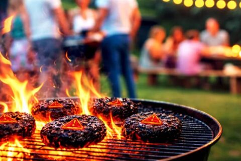 A group of friends gathered around a grill, cooking burgers and enjoying a casual outdoor gathering
