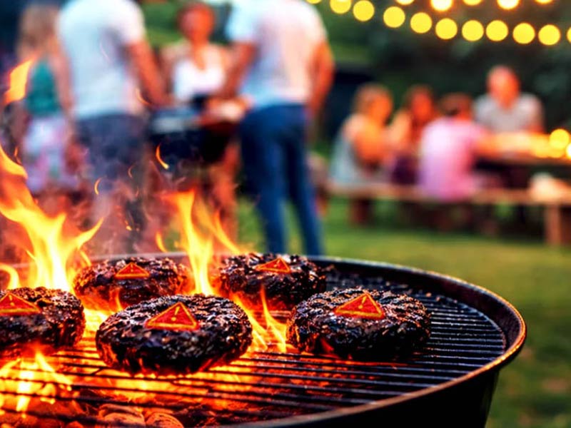 A group of friends gathered around a grill, cooking burgers and enjoying a casual outdoor gathering